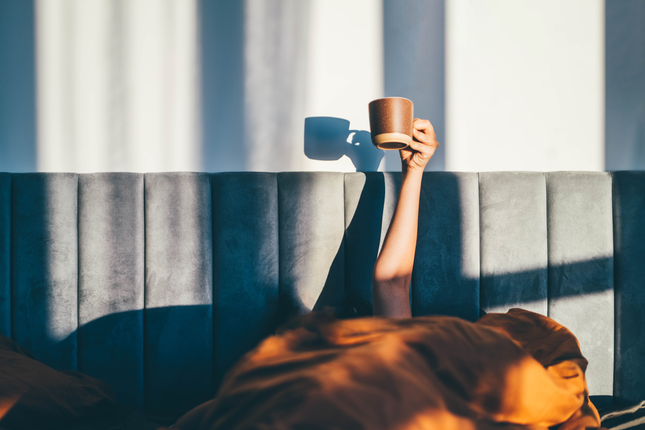 Arm holding up mug in bed